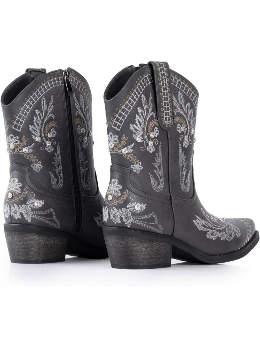 Women's Charcoal Embroidered Cowgirl Chunky Heel Side Zipper Western Booties - Picture 6 of 7
